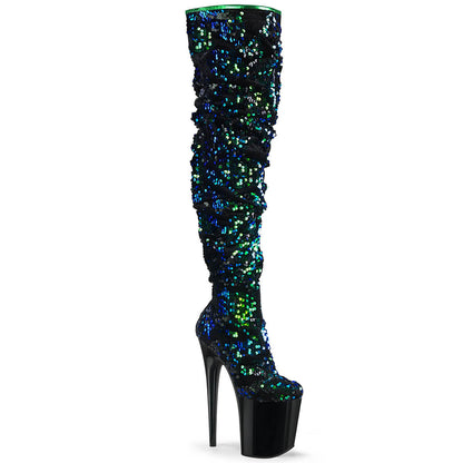 Pleaser Shoes FLAMINGO-3004 | 8 INCH Pleaser Thigh High Boot - Green/Blue Iridescent Sequins - Aphrodite Active